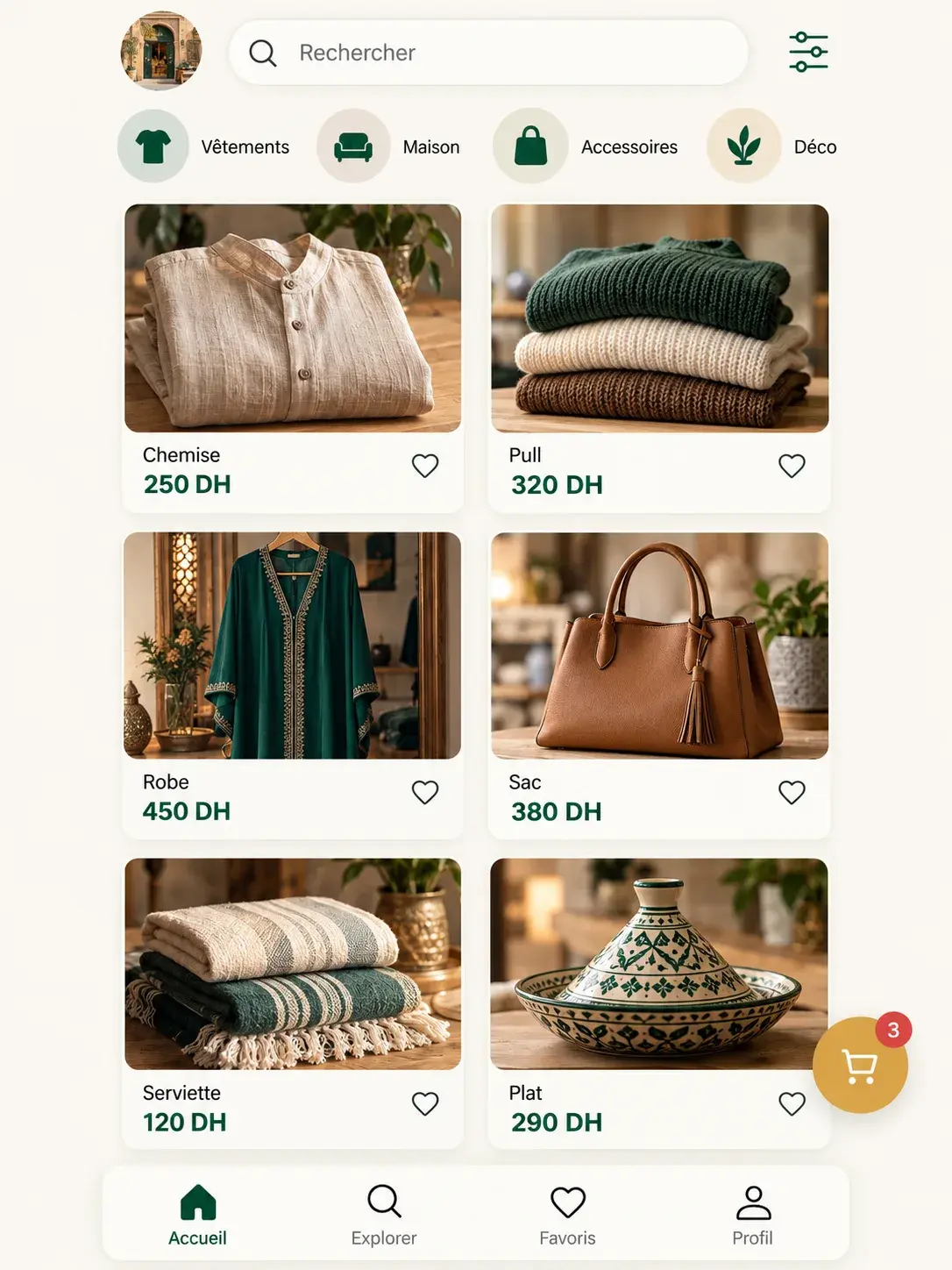 Écran de l'application : catalogue produits et panier