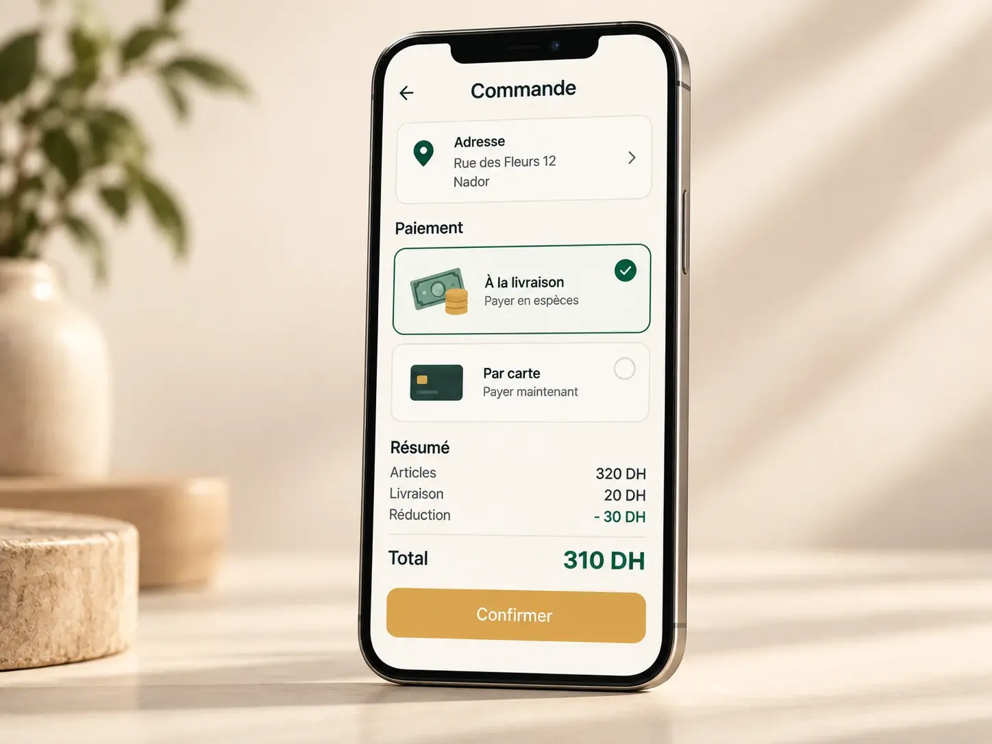 Écran de paiement : choix entre paiement à la livraison et carte
