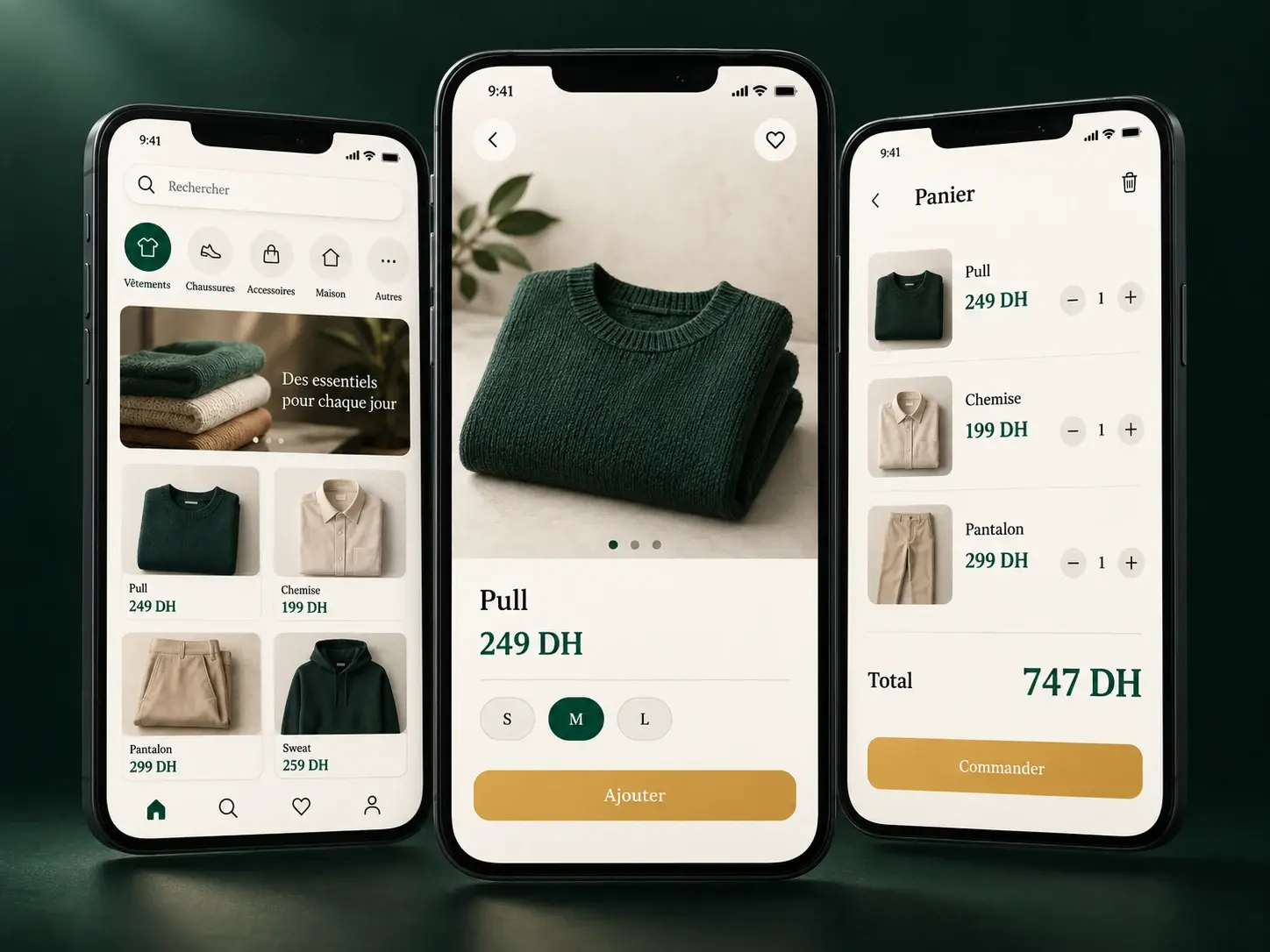 Trois écrans de l'application : accueil, fiche produit, panier