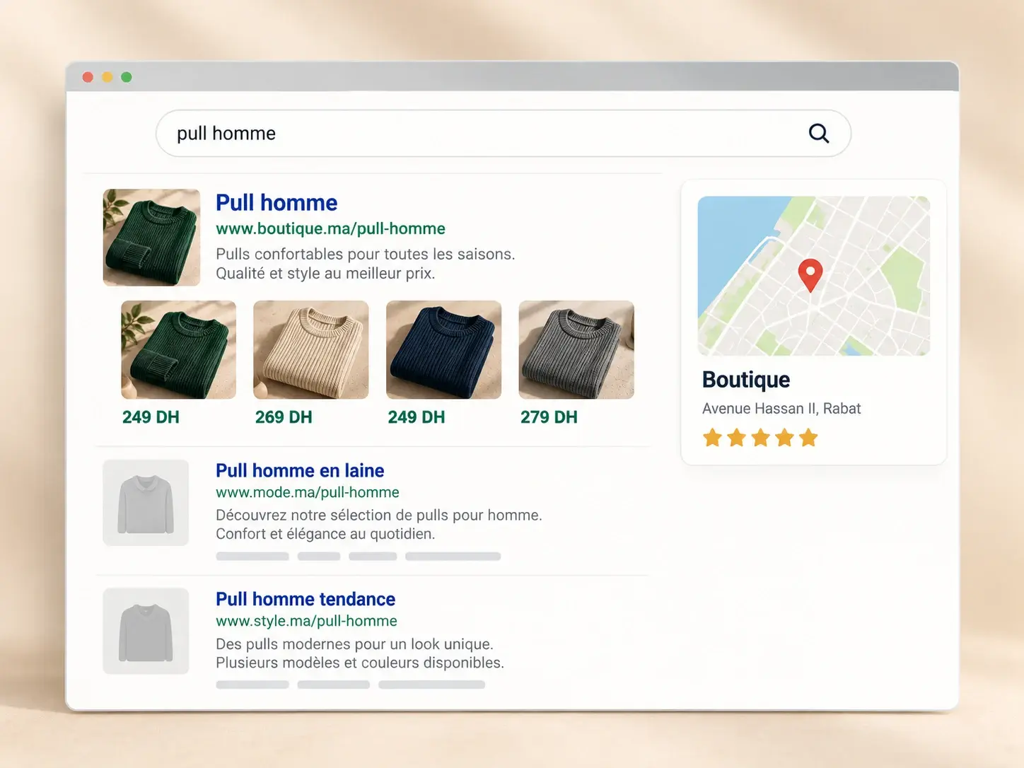 Résultat de recherche Google montrant la boutique