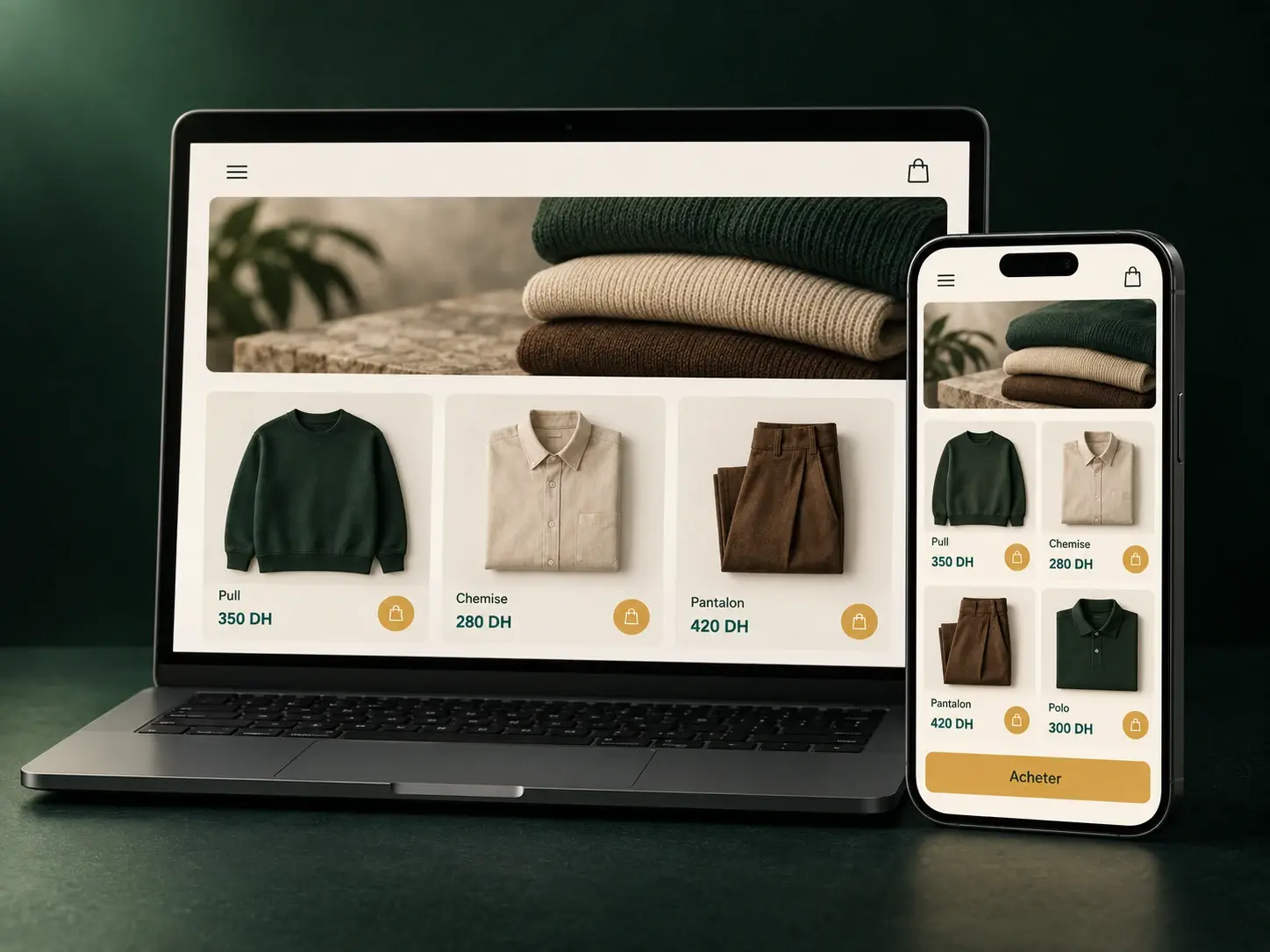 Boutique en ligne ouverte sur un mobile et un ordinateur portable
