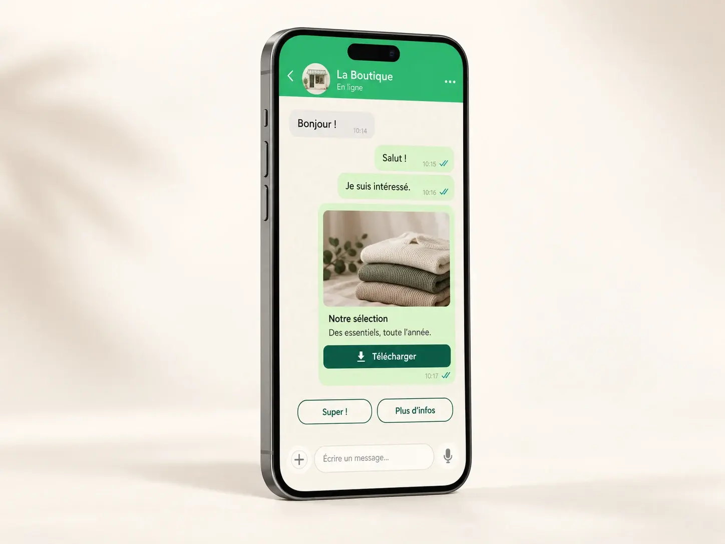 Conversation WhatsApp avec le lien d'installation