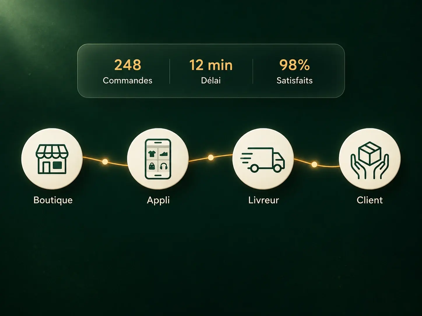 Vue d'ensemble : commerçant, application, livreur, client